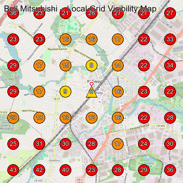Bell Mitsubishi GeoGrid visibility map for Vendeur De Voitures D'Occasion in Carteret